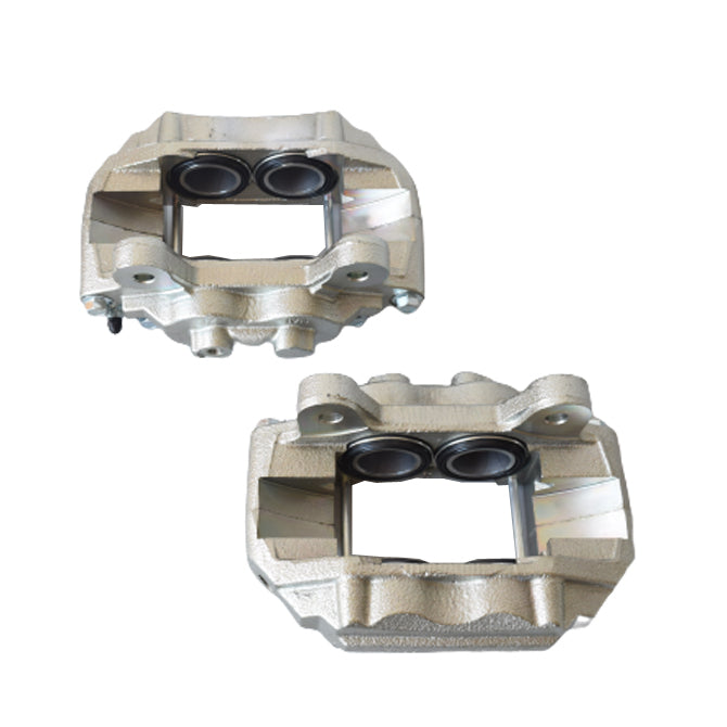 Two metallic brake calipers on a white background
