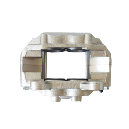 Metallic brake caliper on a white background