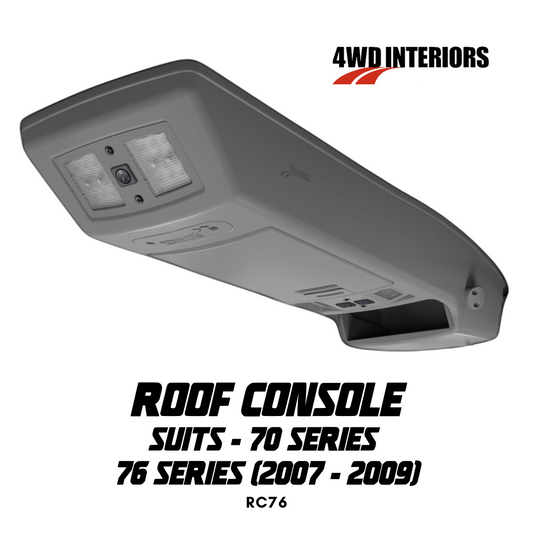 Gray roof console for 4WD with '4WD Interiors' branding on a white background