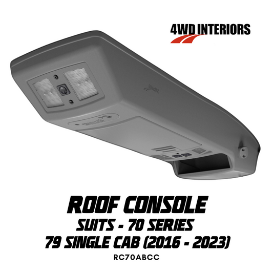 Car roof console for 70 Series 79 Single Cab with 4WD Interiors branding on a white background.