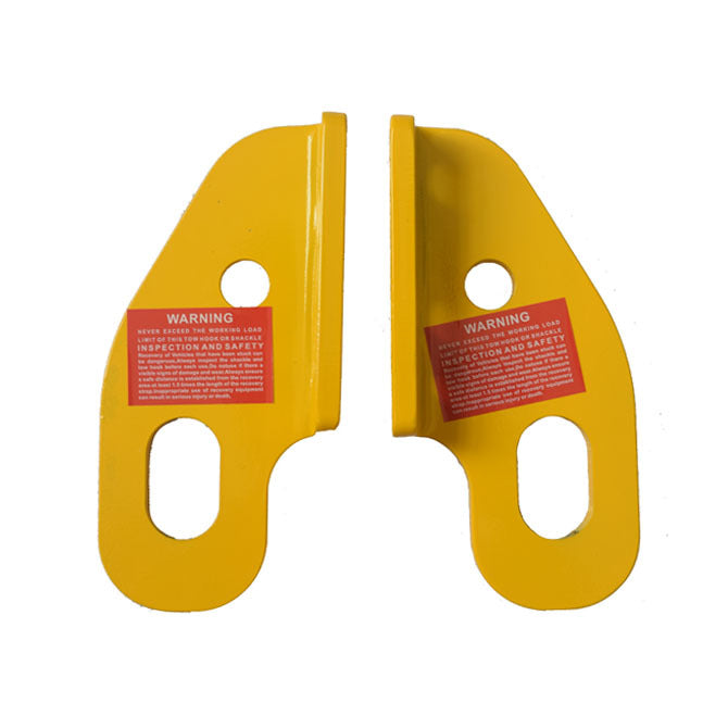 Pair of Rated Recovery Tow Points with red warning labels on a white background