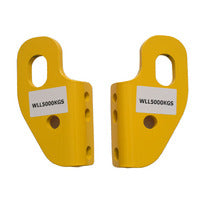Two yellow lifting hooks with visible serial numbers on a white background