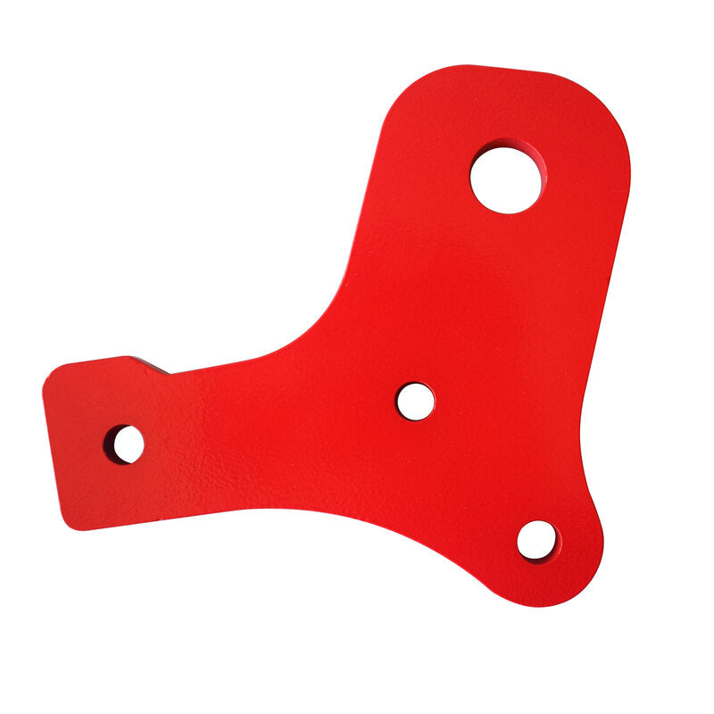 Red metal bracket with multiple holes on a white background