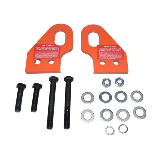 Orange metal brackets with bolts and washers on a white background