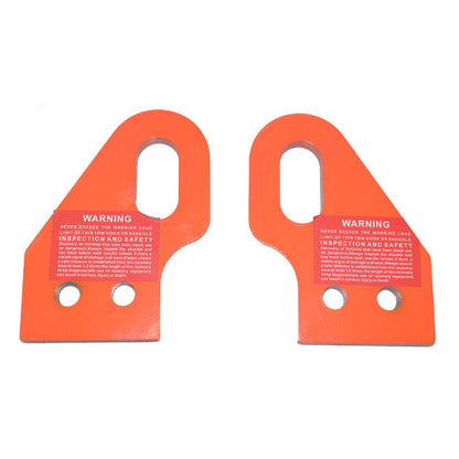 Two orange safety hooks with warning text on a white background