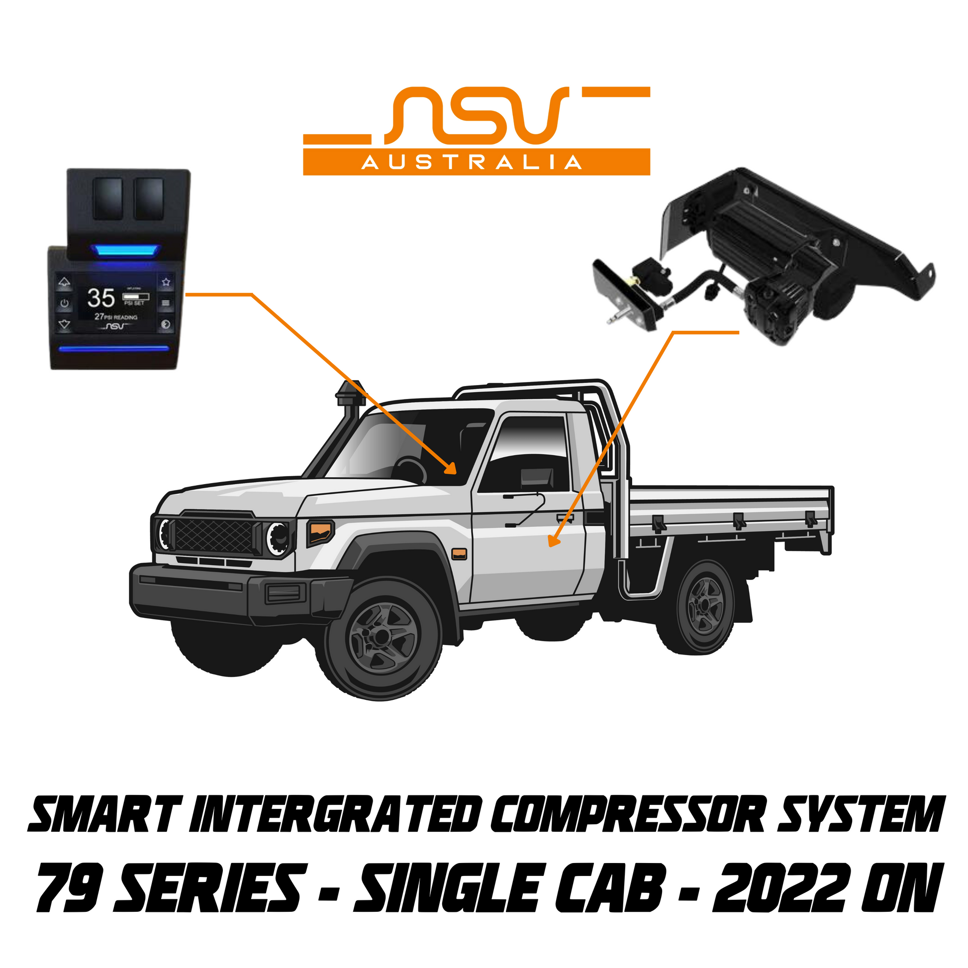 Illustration of a truck with smart integrated compressor system components and ASV Australia branding.