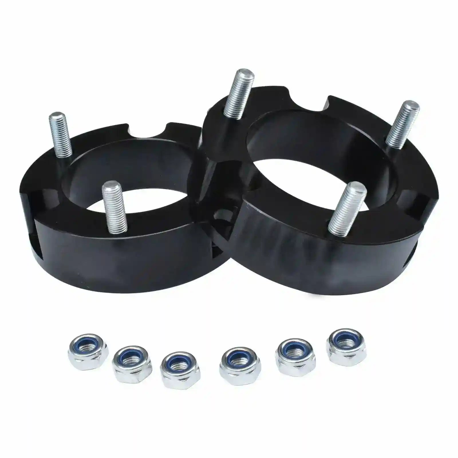 Two black Coil Strut Shock Spacers  with metal bolts and washers on a white background
