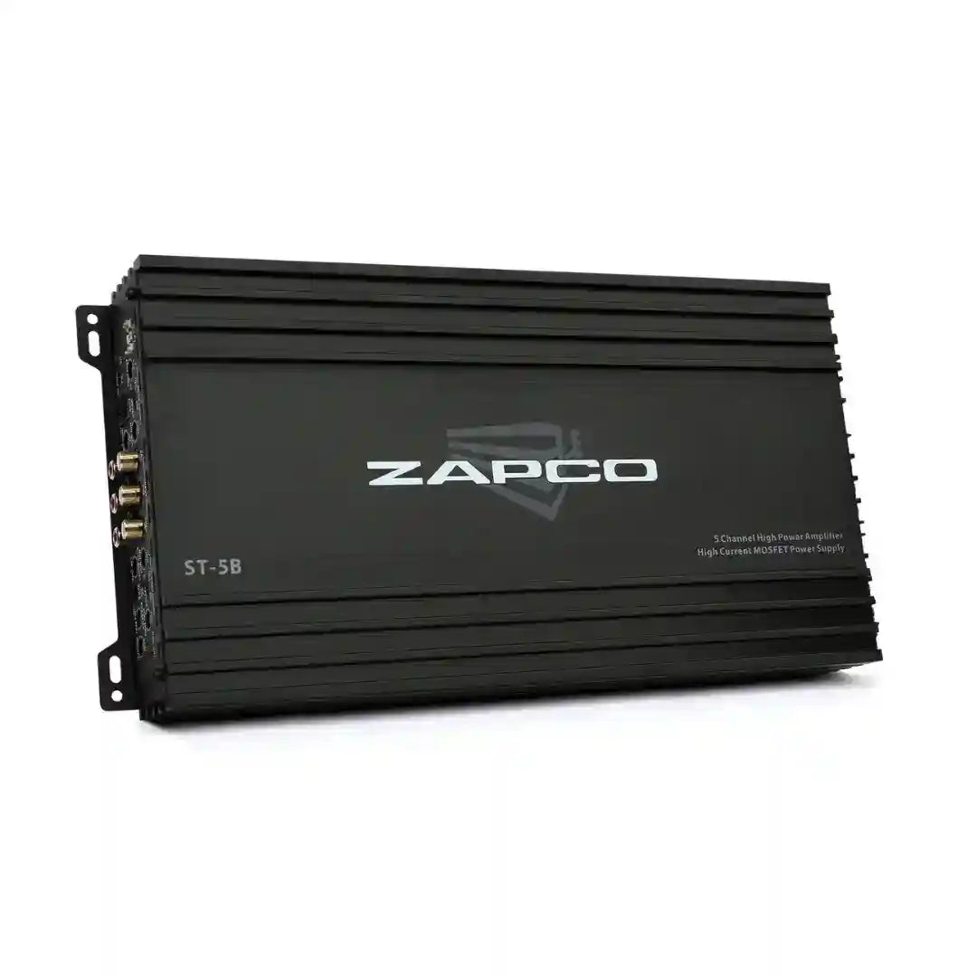 Black Zapco audio amplifier on a white background