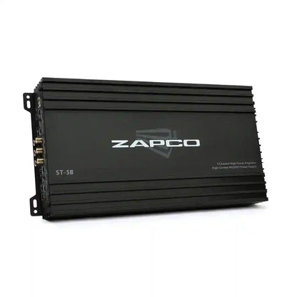 Black Zapco audio amplifier on a white background