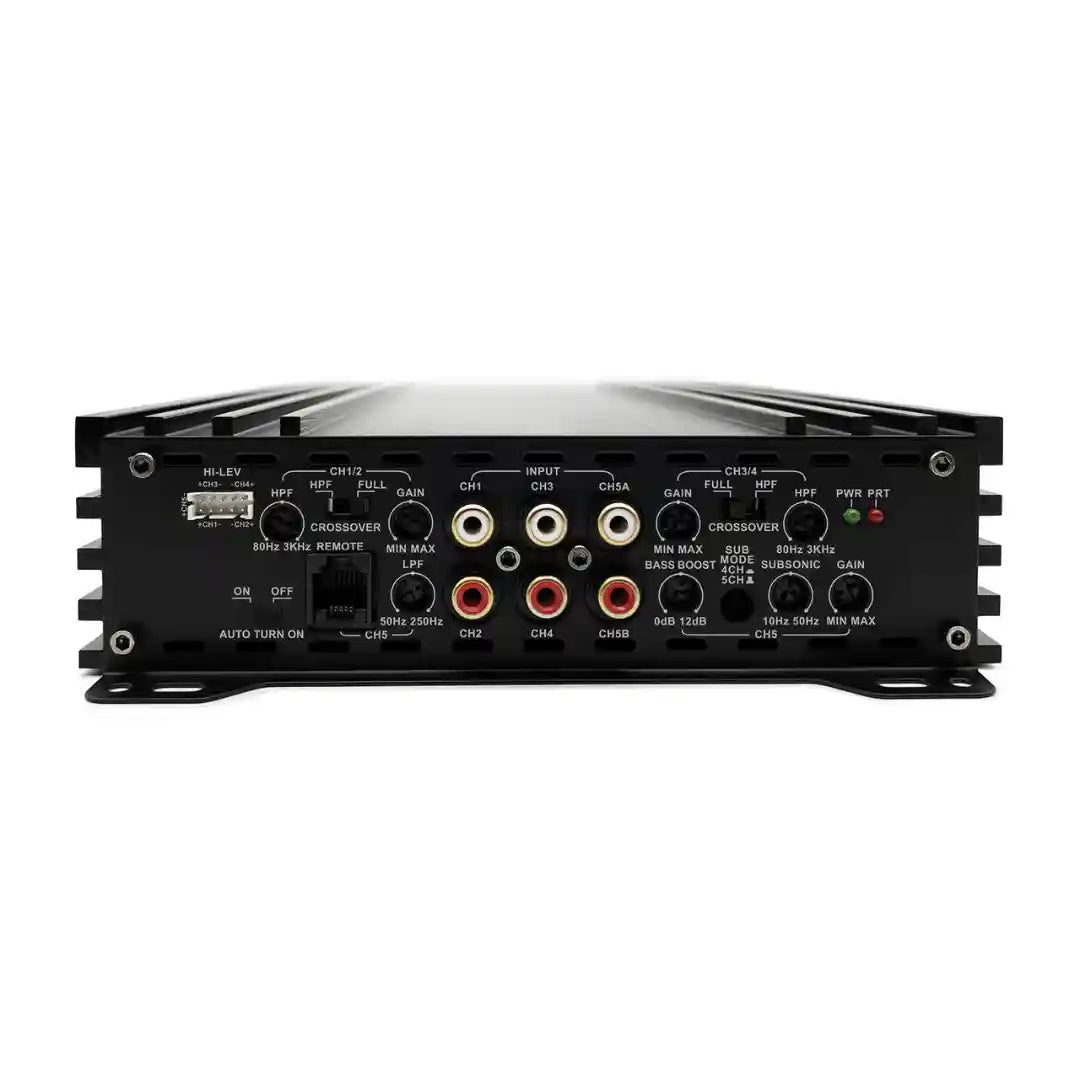 Back view of a black audio amplifier with various control knobs and ports on a white background