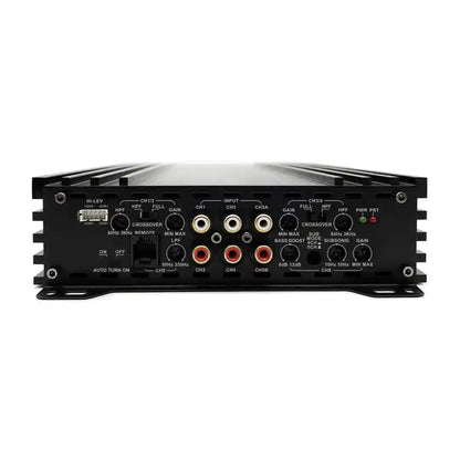 Back view of a black audio amplifier with various control knobs and ports on a white background