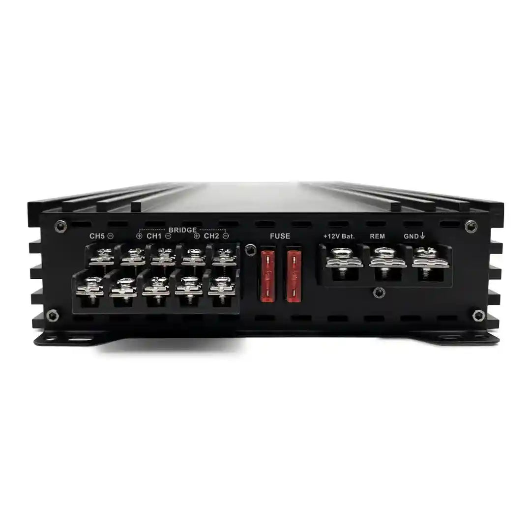 Black amplifier with various connectors and labels on a white background