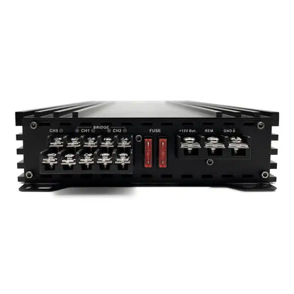 Black amplifier with various connectors and labels on a white background