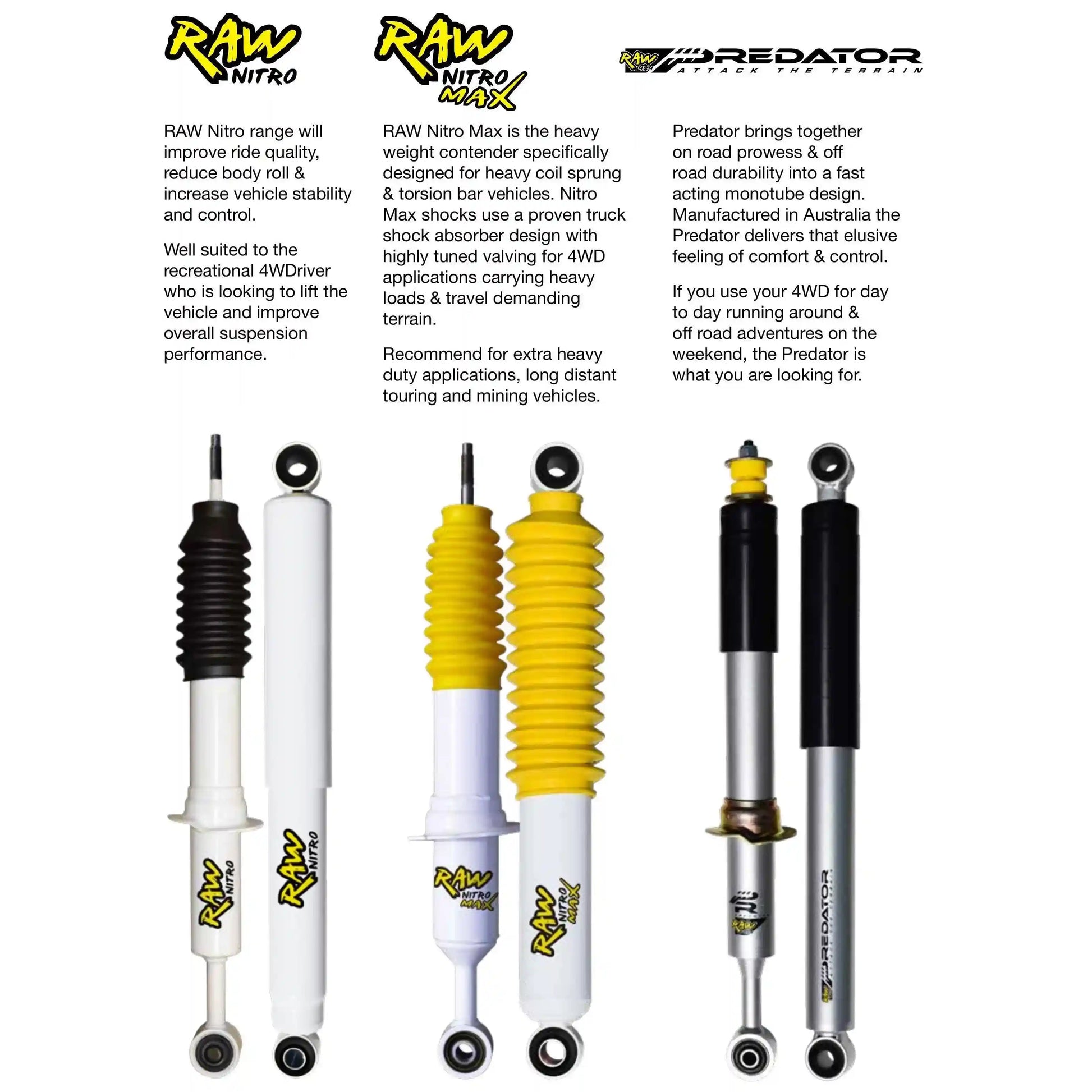 Set of shock absorbers with 'RAW' branding on a white background