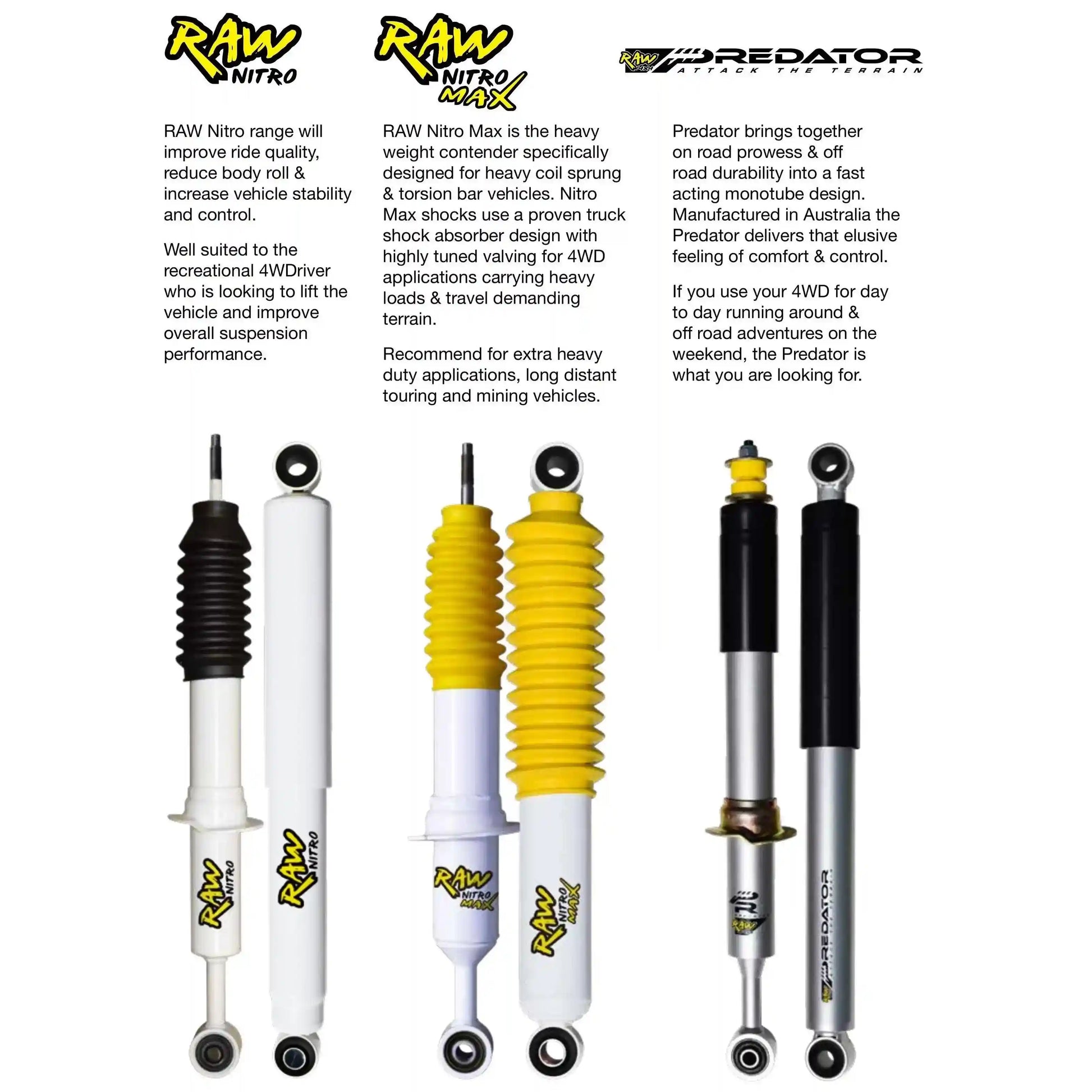 Set of shock absorbers with 'RAW' branding on a white background
