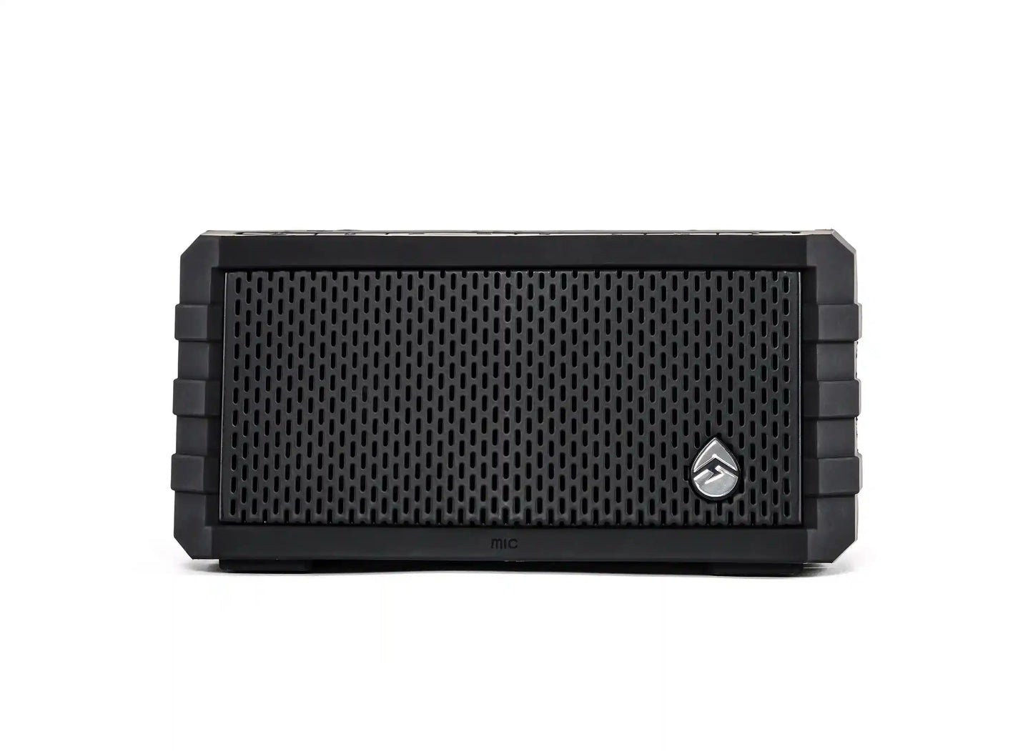 Black portable speaker with a brand logo on a white background