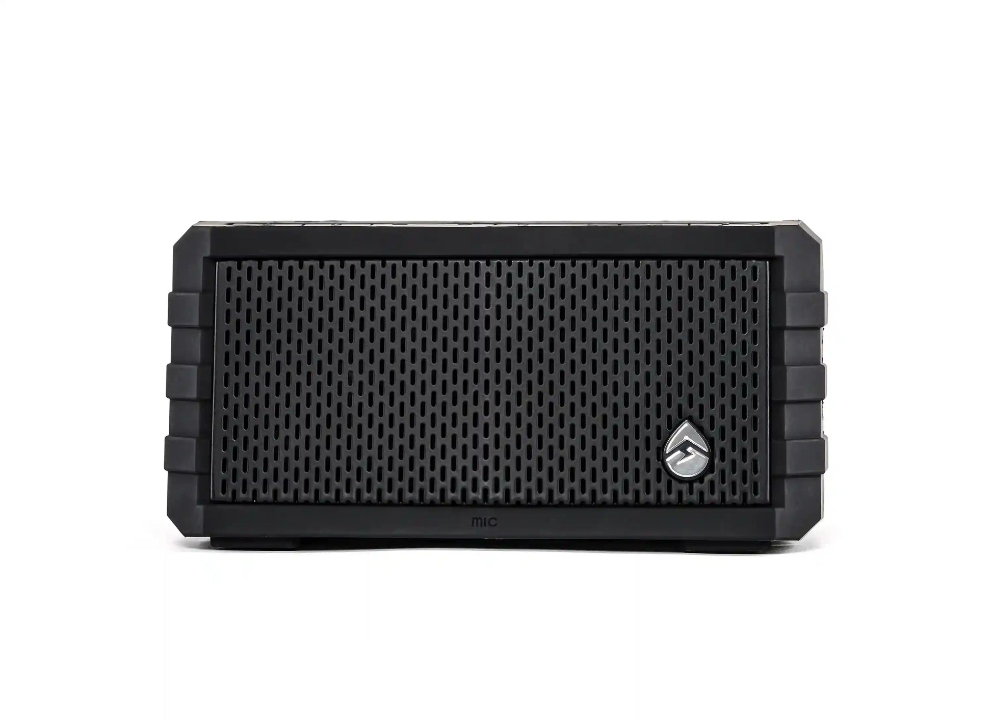 Black portable speaker with a brand logo on a white background