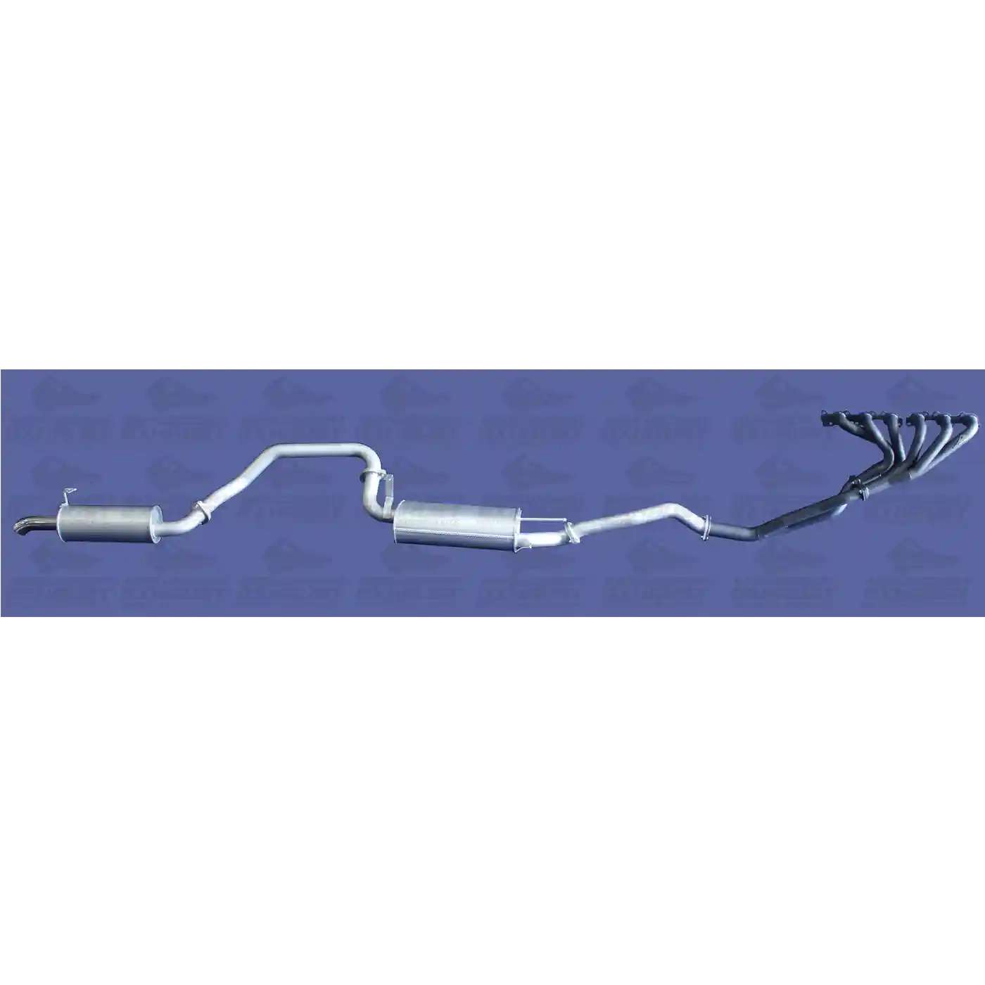 Car exhaust system on a blue background with a brand logo.