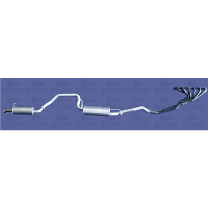 Car exhaust system on a blue background with a brand logo.