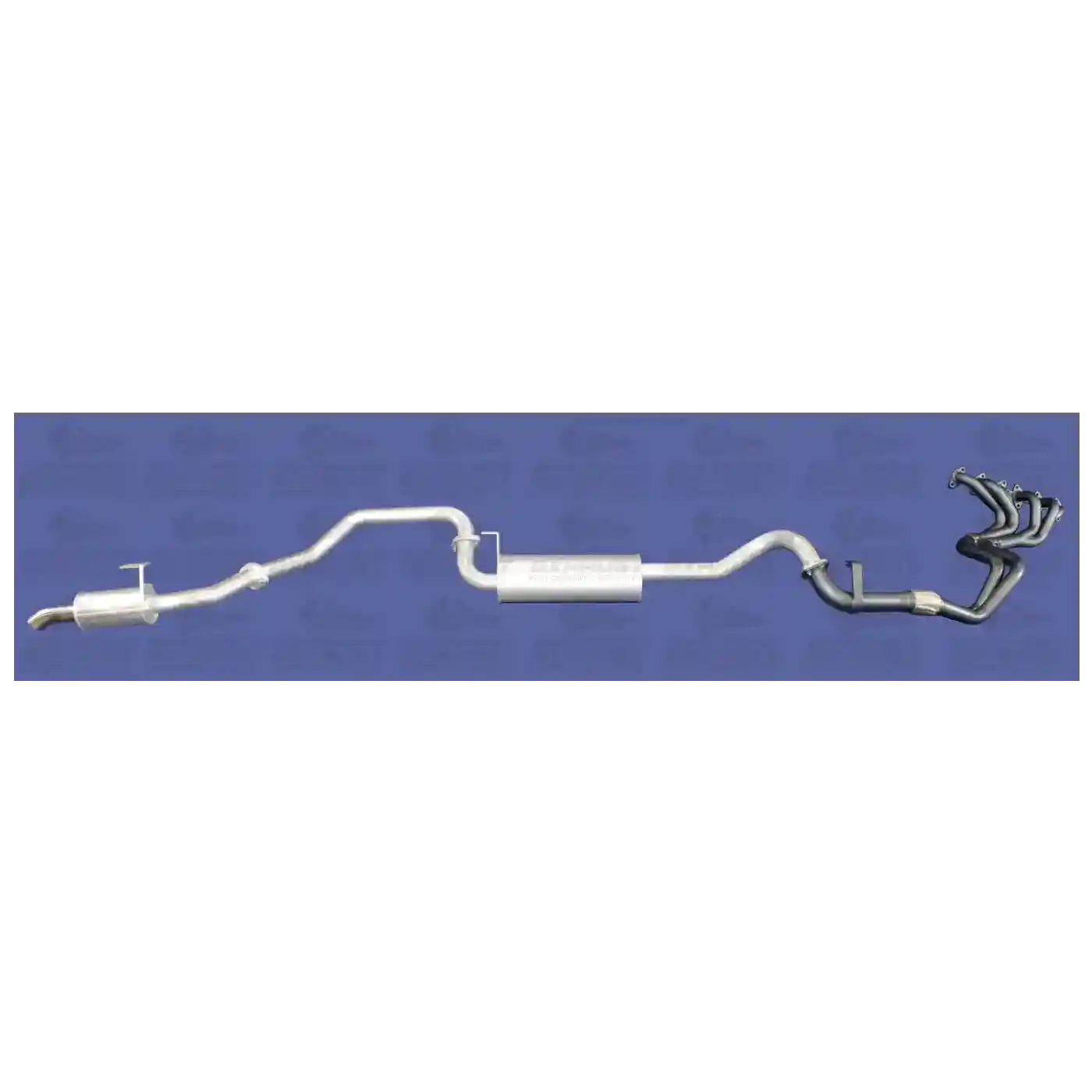 Car exhaust system on a blue background with a brand logo.