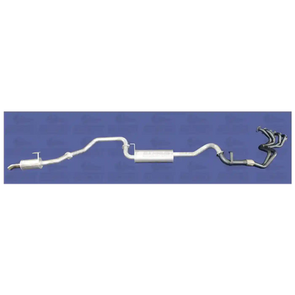 Car exhaust system on a blue background with a brand logo.