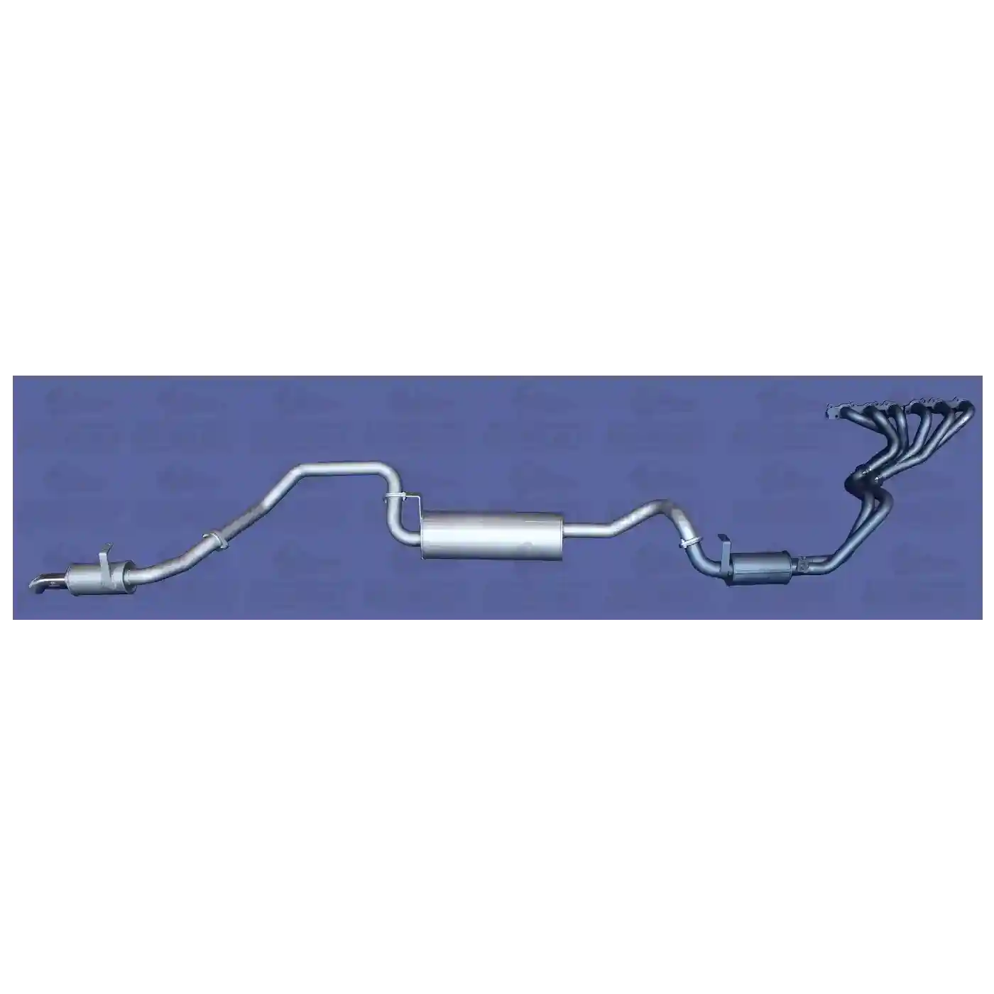 Car exhaust system on a blue background with a brand logo.