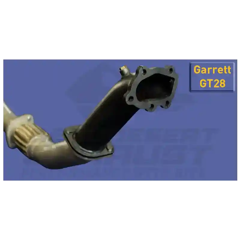 Car exhaust pipe with 'Garrett GT28' branding on a blue background