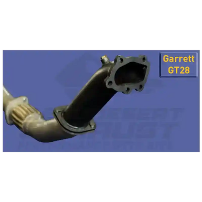 Car exhaust pipe with 'Garrett GT28' branding on a blue background