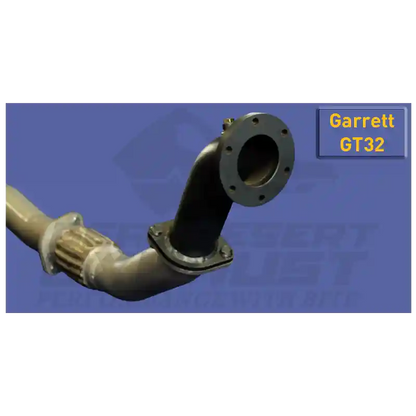 Exhaust with 'Garrett GT32' label on a blue background