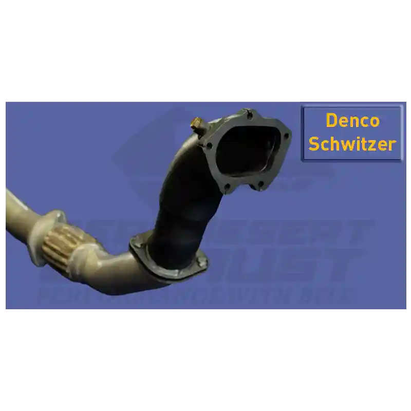 Car exhaust system component with 'Denco Schwitzer' branding on a blue background
