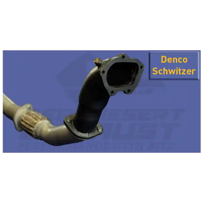 Car exhaust system component with 'Denco Schwitzer' branding on a blue background