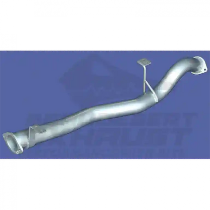 Metal exhaust pipe on a blue background with brand logo.