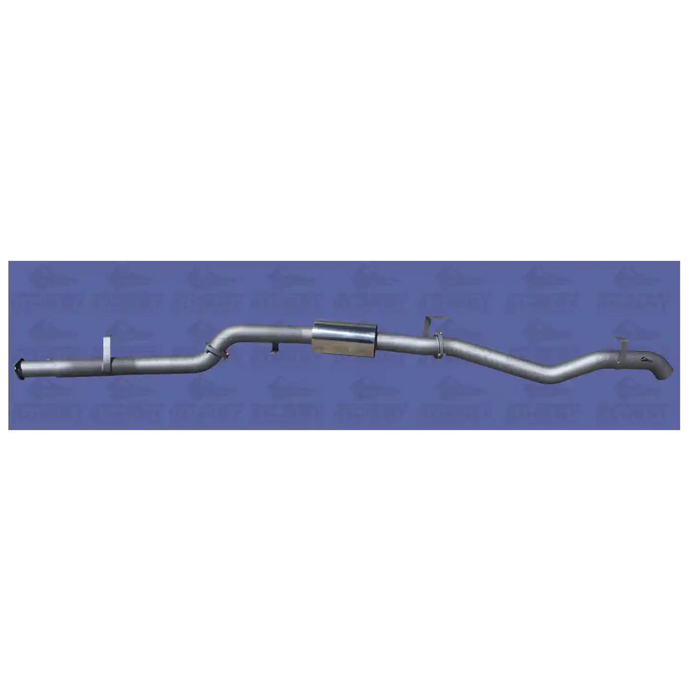 Metal exhaust pipe on a blue background with a brand logo.