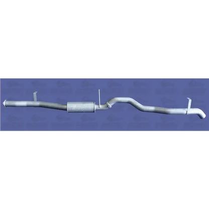 Metal exhaust pipe on a blue background with a brand logo.