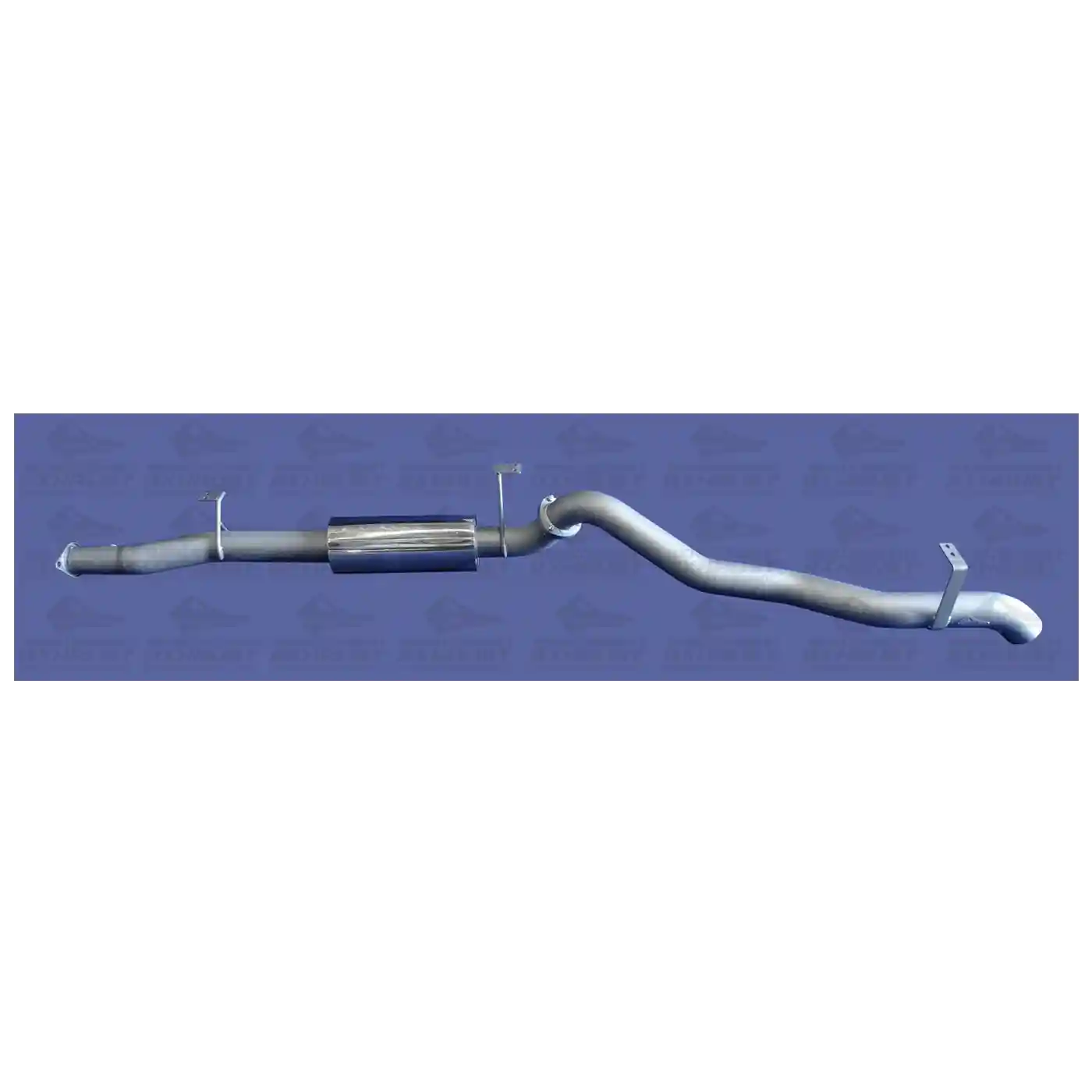 Metal exhaust pipe on a blue background with a brand logo.