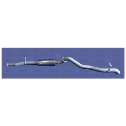 Metal exhaust pipe on a blue background with a brand logo.