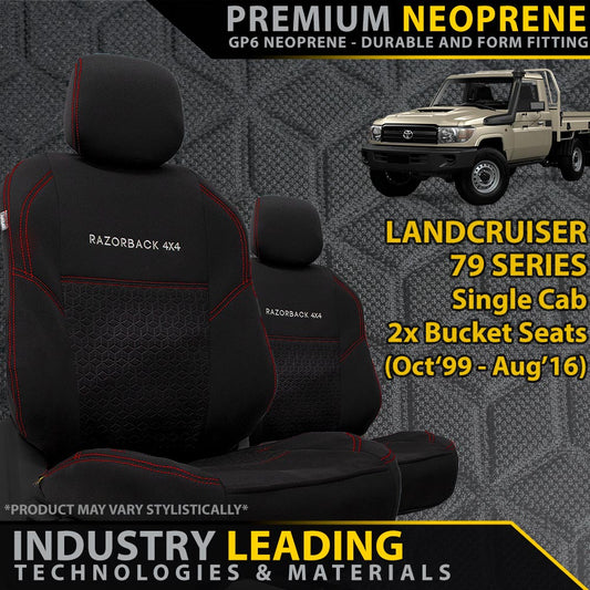 Black Premium Neoprene Seat Covers for Landcruiser 79 Series with branding and product details.