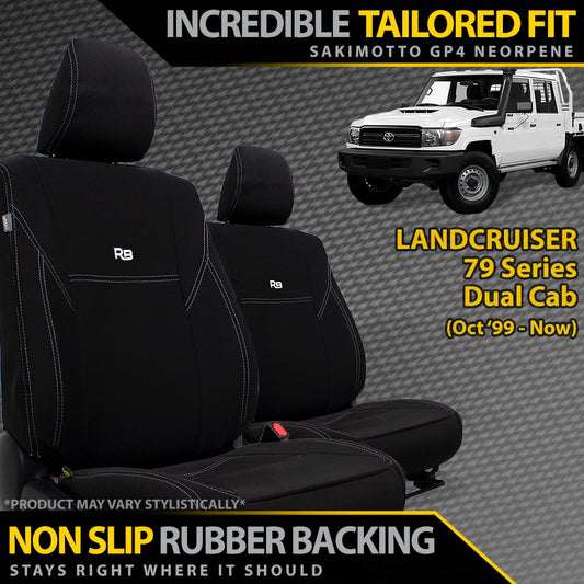 2x Neoprene Front Seat Covers with branding on a textured background, featuring text about fit and features.