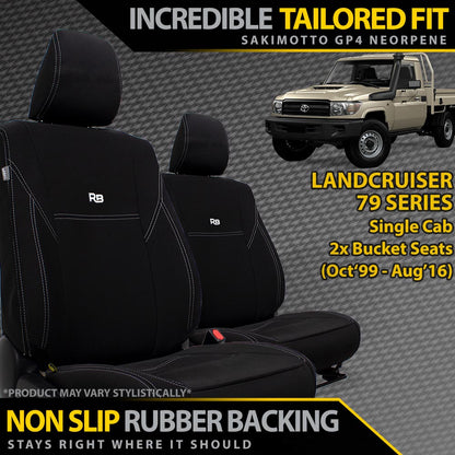 Neoprene Front Seat Covers with text about fit and features on a textured background