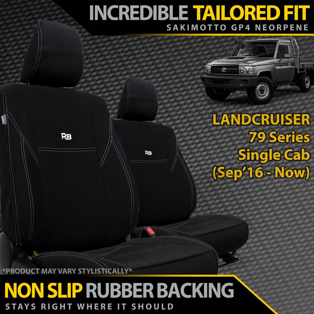 Neoprene Front Seat Covers with branding on a textured background, featuring text about fit and features.