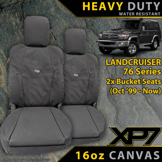 2x Front Seat Covers for Landcruiser 76 Series with vehicle and product details.