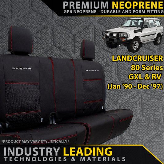 Neoprene Rear Row Seat Covers for LandCruiser 80 Series with vehicle image and text on a gray background