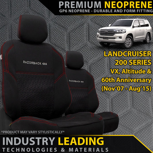 2x Front Seat Covers with 'Razorback 4x4' branding on a textured gray background with promotional text.