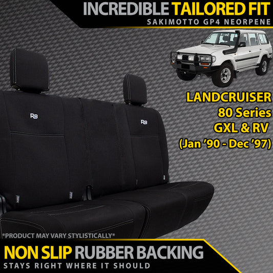 Landcruiser 80 Series Seat Covers with text about fit and features on a textured background