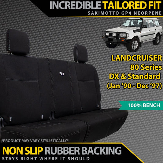 2nd Row Bench Seat Covers with text about fit and features on a gray background