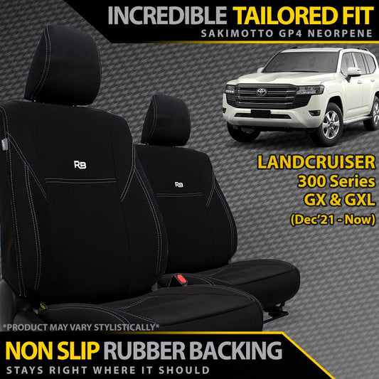 Black Neoprene Front Seat Covers with Toyota LandCruiser 300 Series text on a textured background