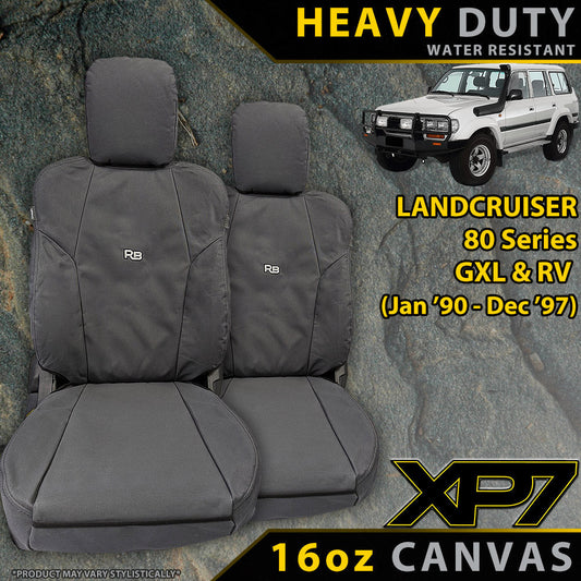 2x Front Seat Covers for Landcruiser 80 Series with vehicle image and text on a rock background.