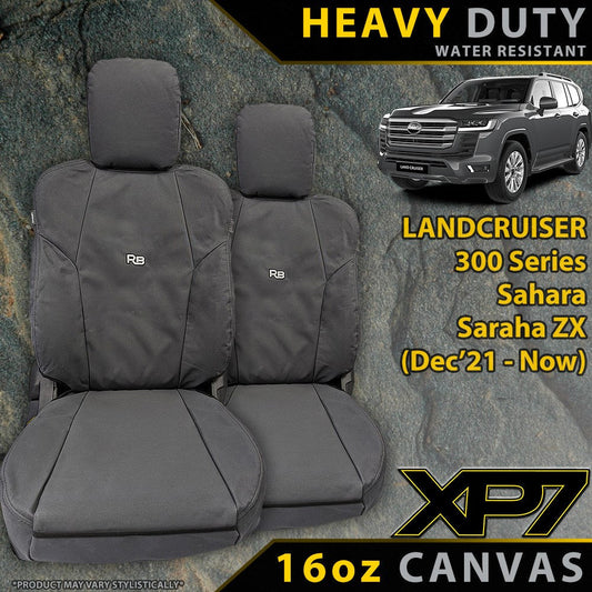Heavy-duty 2x Front Seat Covers for LandCruiser 300 Series Sahara and Sahara ZX with XP7 branding.
