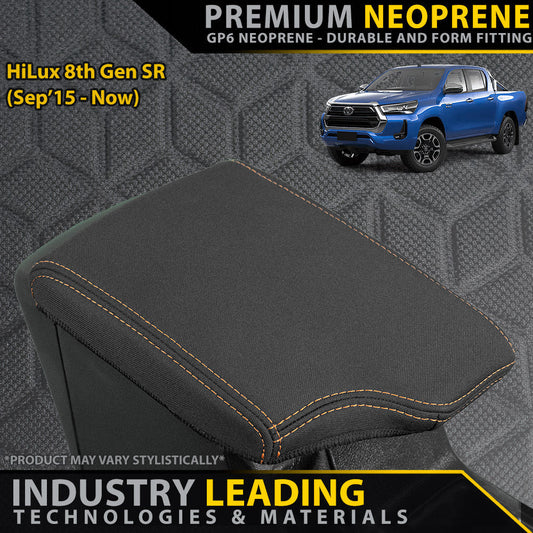 Premium Neoprene Console Lid Cover with Toyota Hilux 8th Gen SR in the background