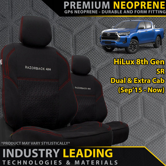 Premium Neoprene Front Seat Covers with red stitching on a gray background, featuring a Toyota Hilux truck.